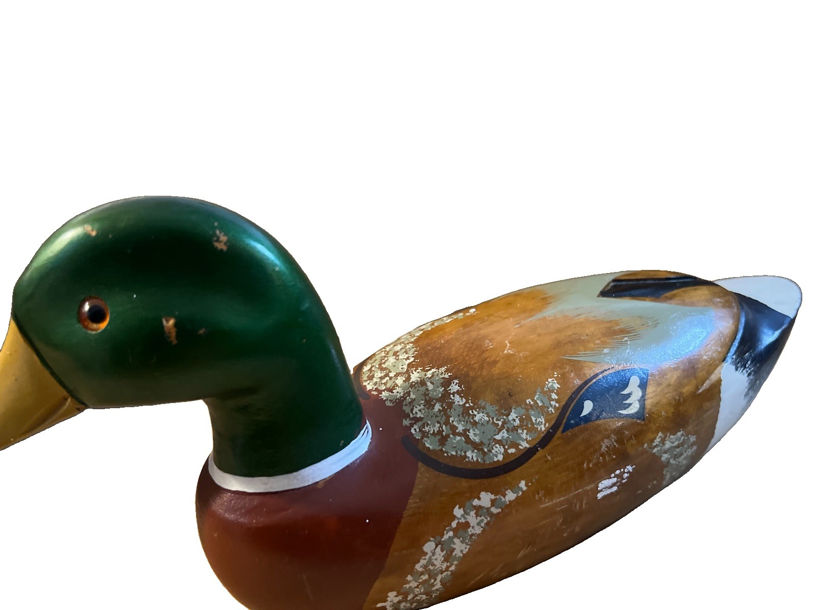 Vintage Hand Carved Painted Wooden Mallard Duck Decoy Home Decor Glass Eyes 14”