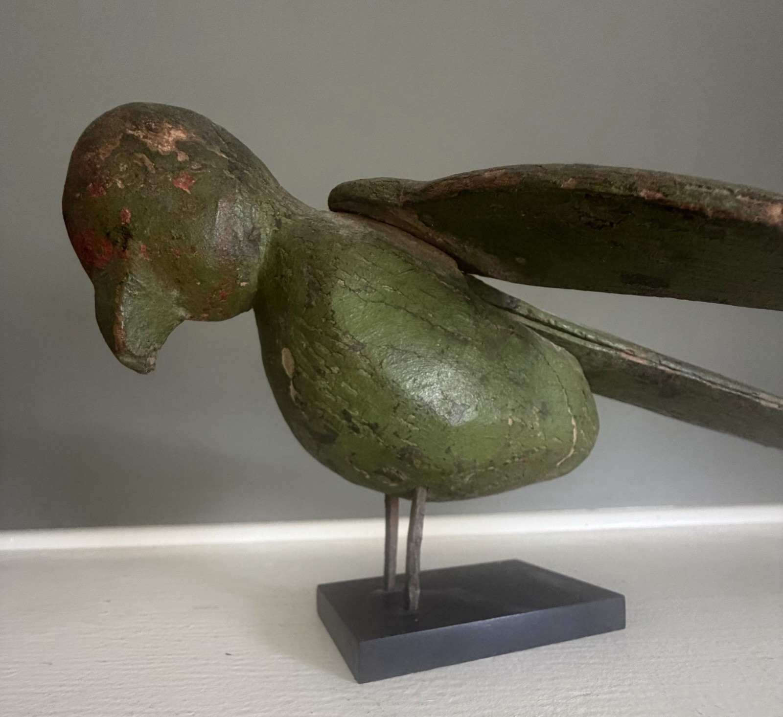 Antique Wood Carved Mechanical Red-Crowned Parrot Bird Decoy On Base Folk Art
