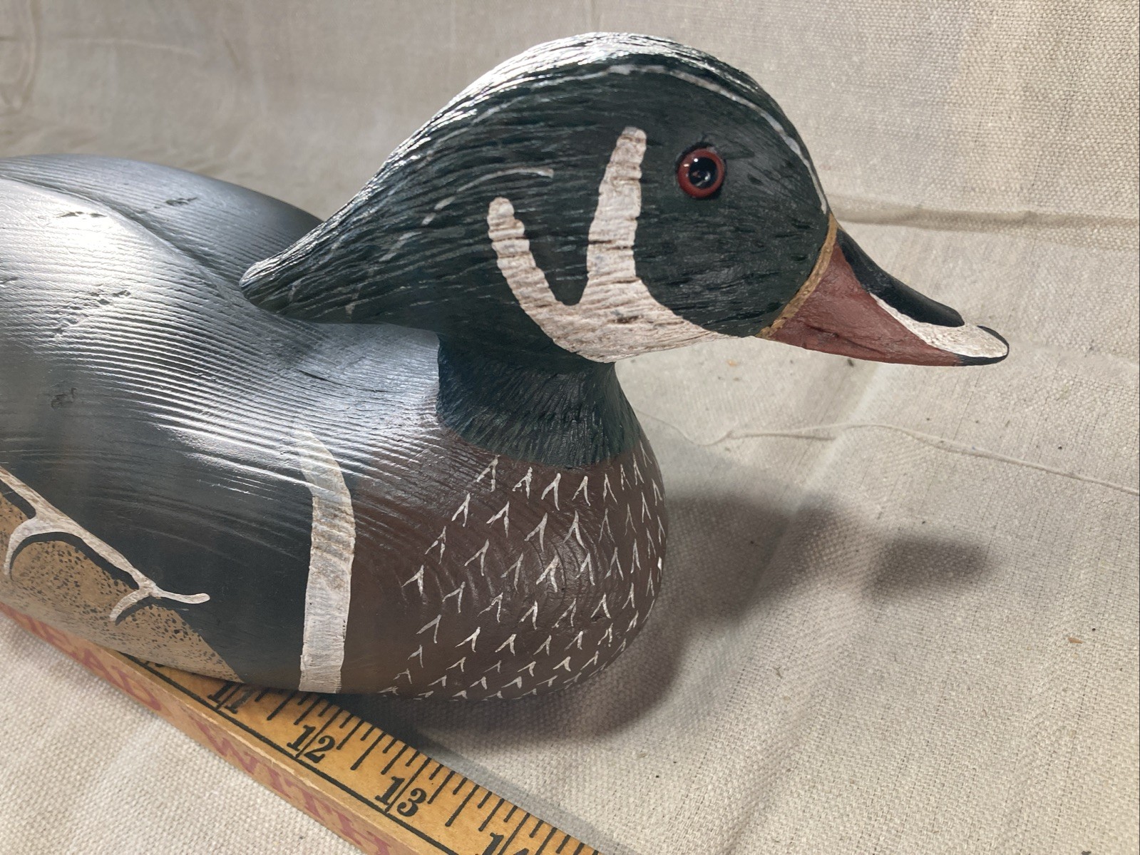 Vintage Handmade Wooden Duck Decoy Drake 15” Long Signed,Glass Eyes Stunning