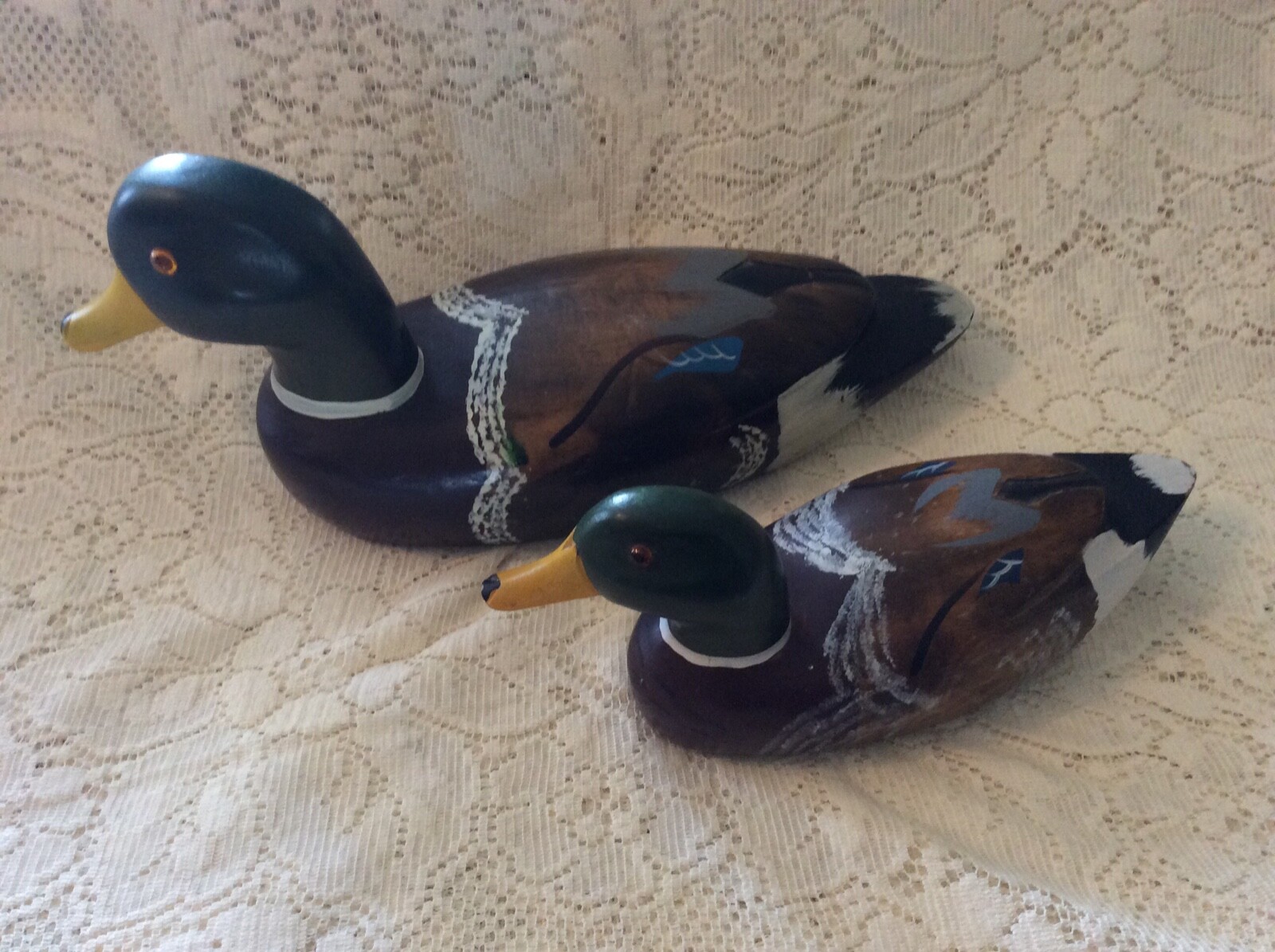 Pair Wooden Duck Decoy~Glass Eyes-Hand Made And Painted 13 3/4″ –10 1/4″ Long