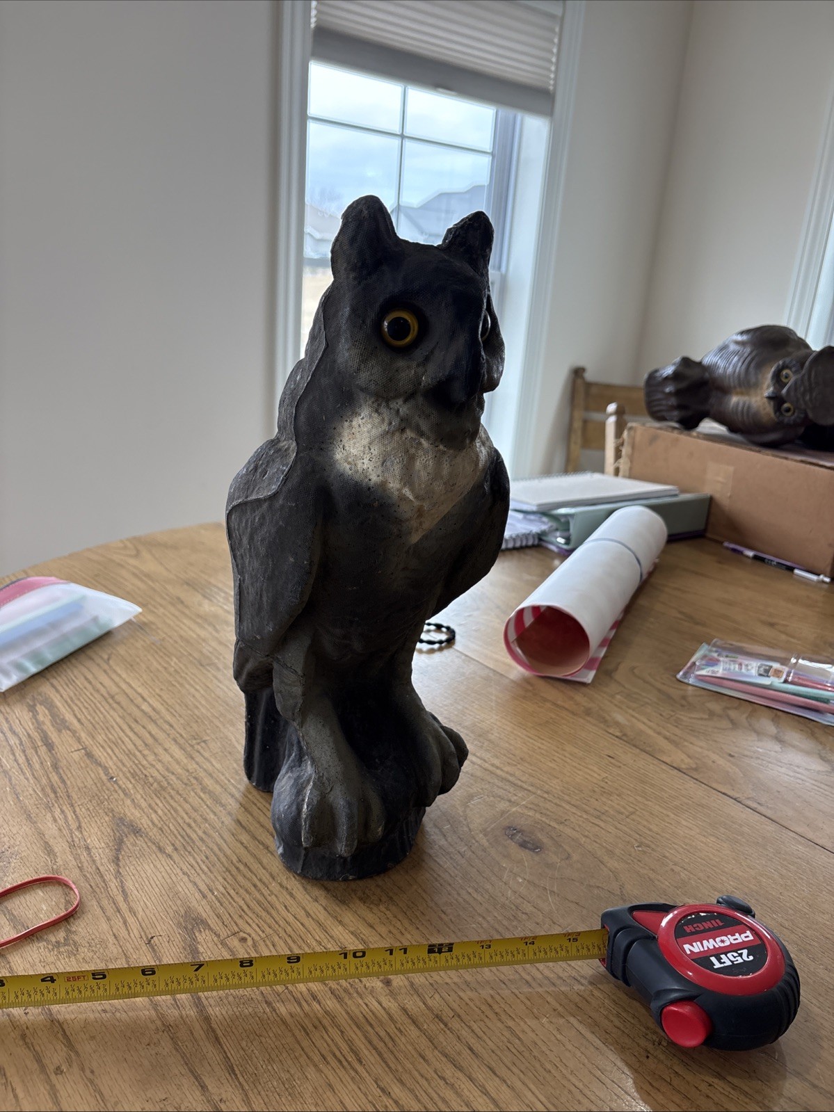 Vintage Halloween Decor 16″ Tall Paper Mache Owl Hunting Decoy Glass Eyes Repair