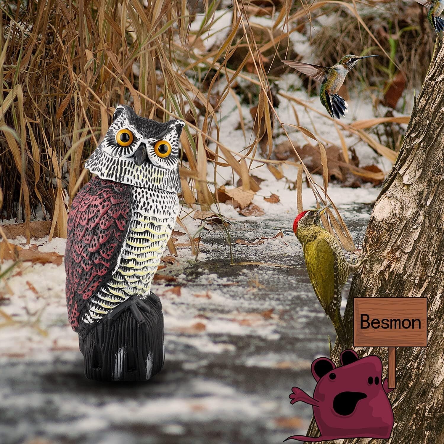 Realistic Plastic Owl Decoy with Rotating Head for Bird Deterrent in Gardens
