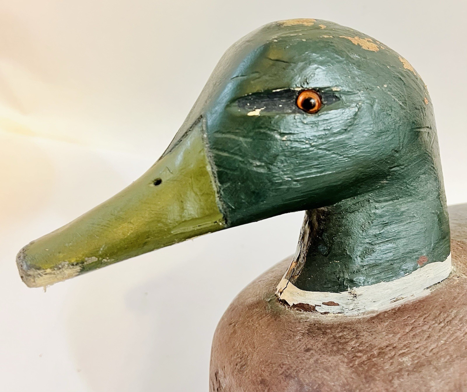 Vintage HUNTING DUCK DECOY Mallard White Green & Burgundy Head Weighted Unsigned