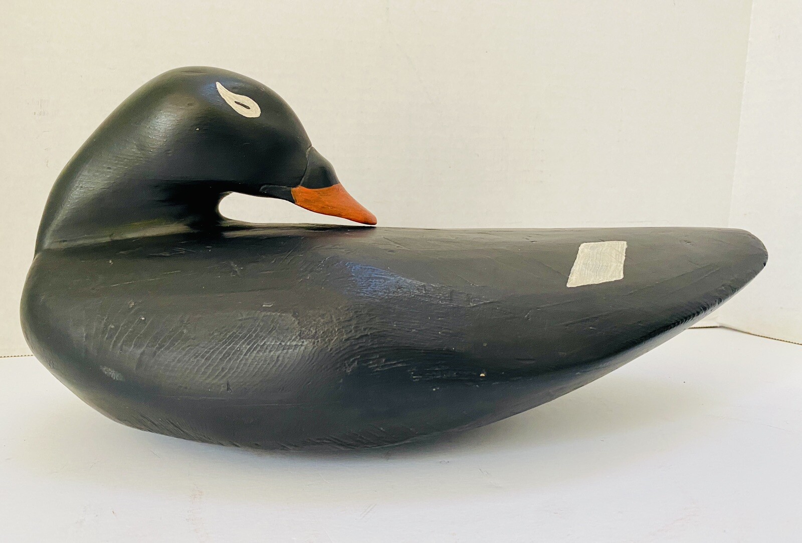 Carved Scoter Duck Decoy, Turned Back Head Position, Solid Body, Painted Eyes