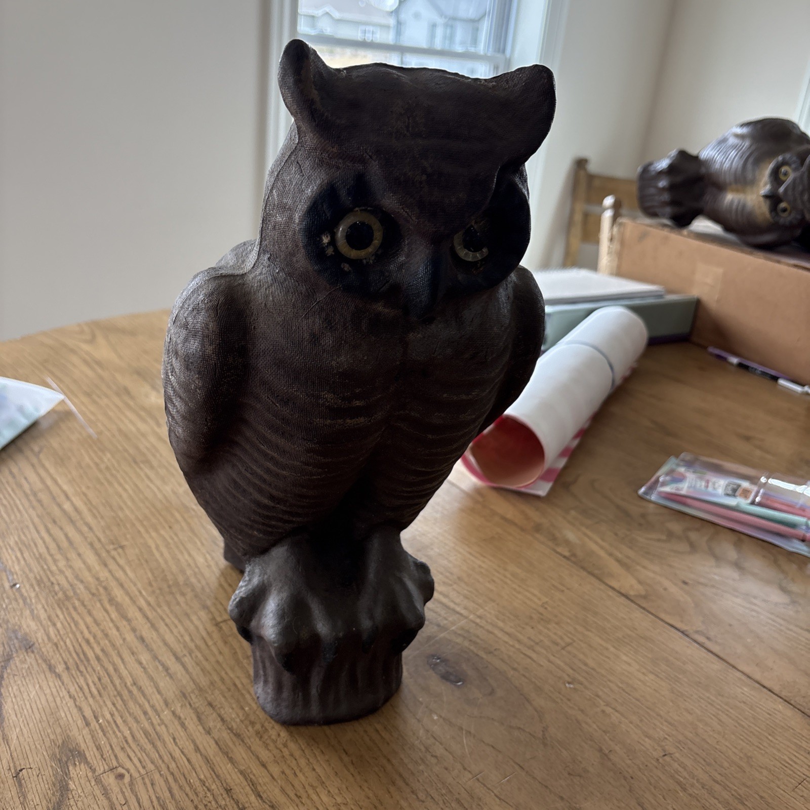 Vintage Halloween Decor 15″ Tall Paper Mache Owl Hunting Decoy 1 Glass Eye