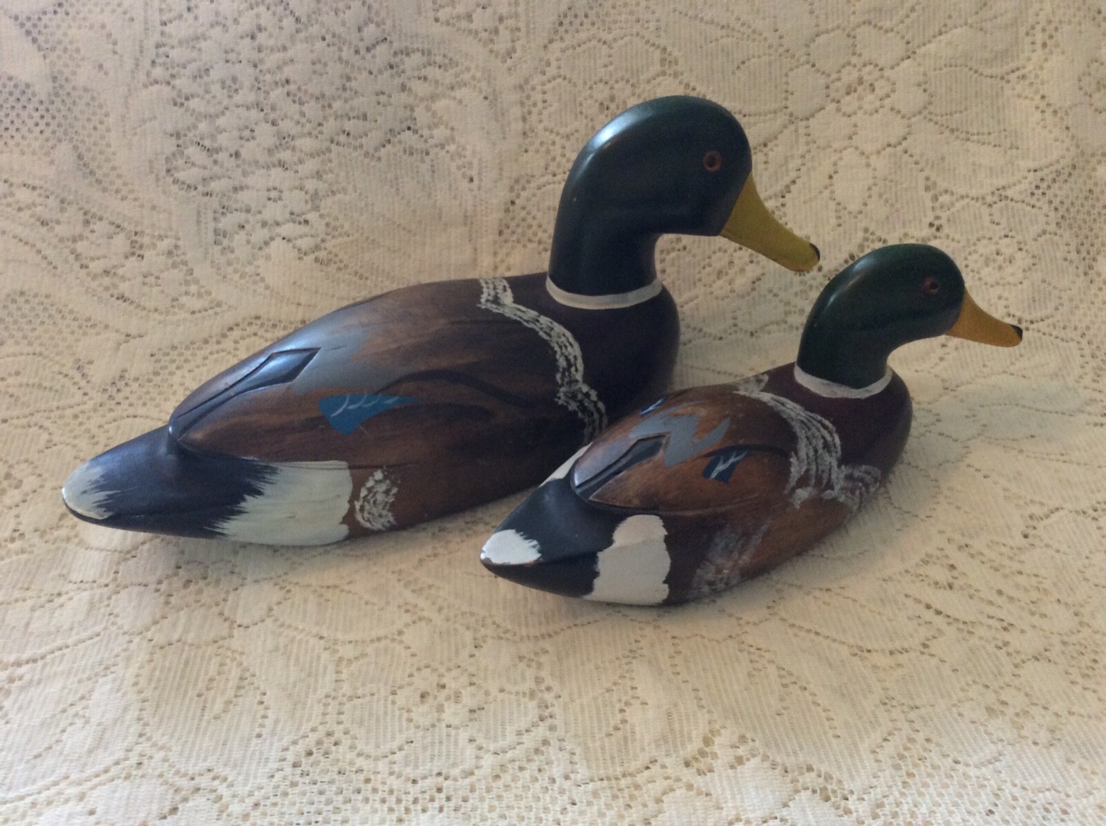 Pair Wooden Duck Decoy~Glass Eyes-Hand Made And Painted 13 3/4″ –10 1/4″ Long