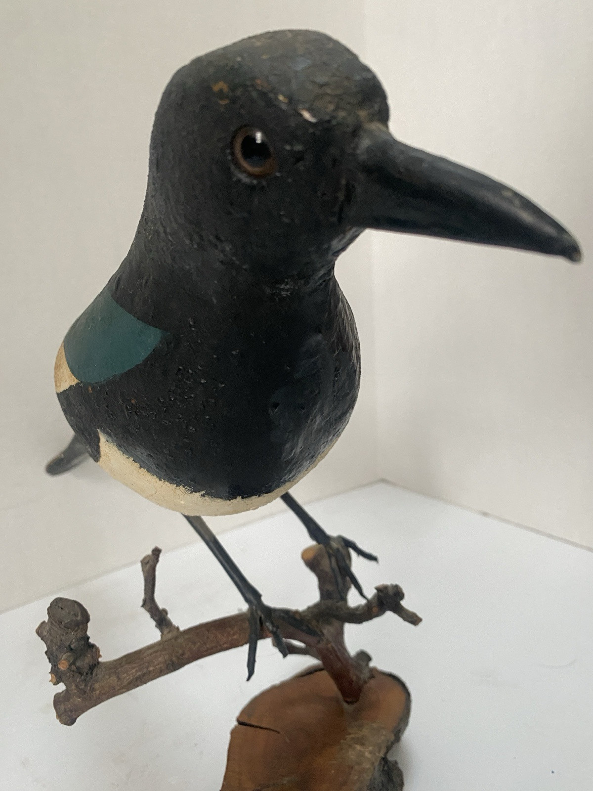 Vintage Magpie Bird Decorative Decoy, Glass Eyes, Wire Legs, Hand Painted