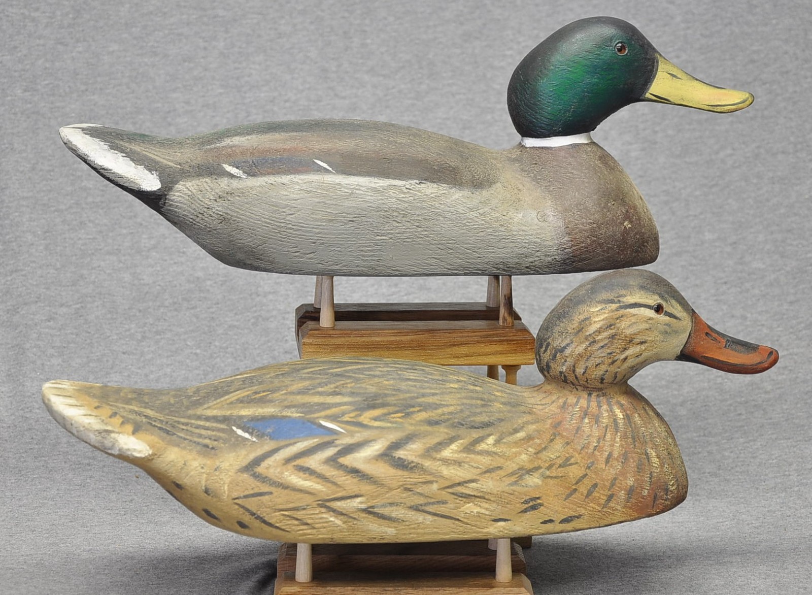 EXCELLENT PAIR OF MIKE BORRETT MALLARD duck decoys, orig PAINT, BRANDED EX. COND
