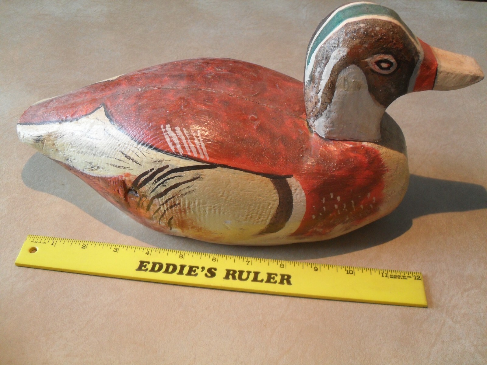 Primitive folk art hand made painted carved wood duck decoy