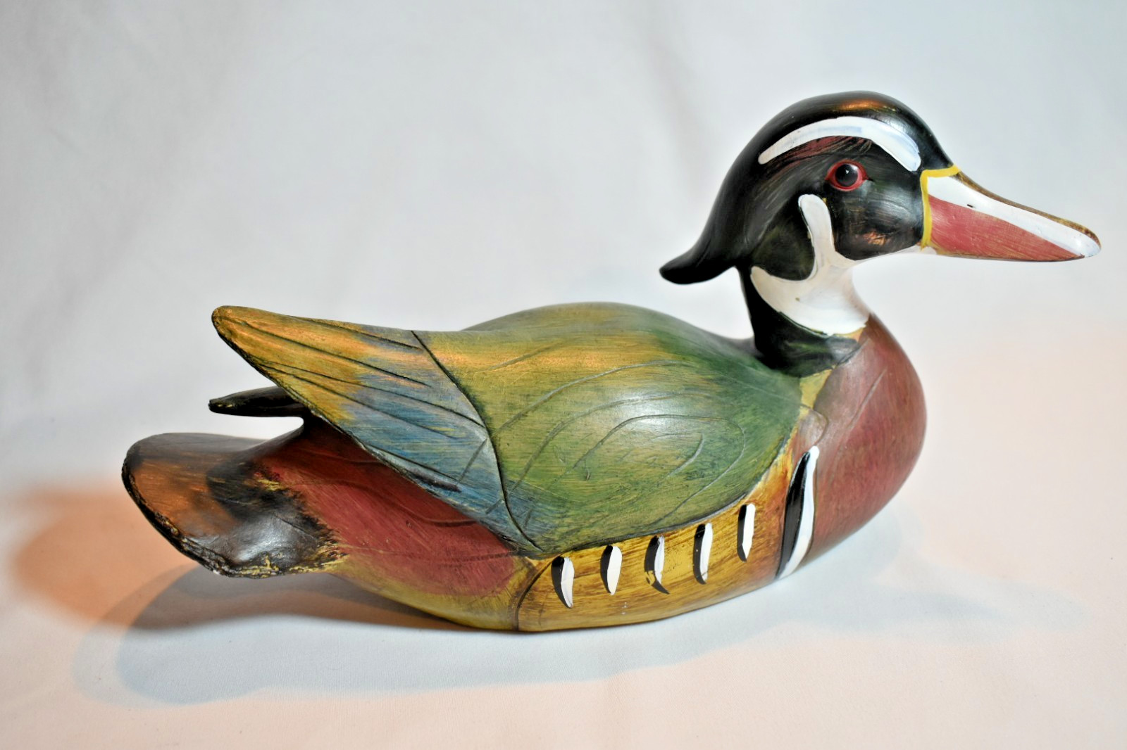 Unsigned Hand-Carved & Hand-Painted Wooden Wood Duck Drake Decoy, 10 In