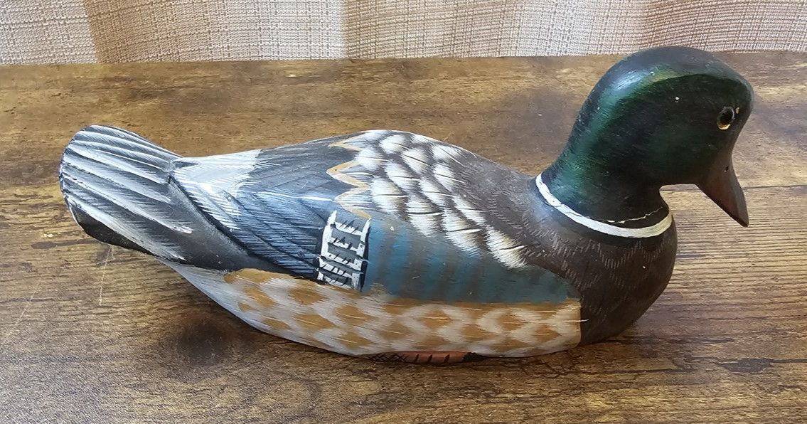 Wooden Duck Decoy 10″ Home Decor China Painted Carved Wood Glass Eyes