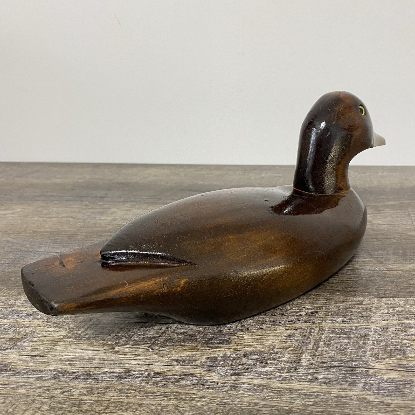 Vintage Pair of Hand Carved Wood Duck Decoys Brass Bill Folk Art Brown 15” & 12”