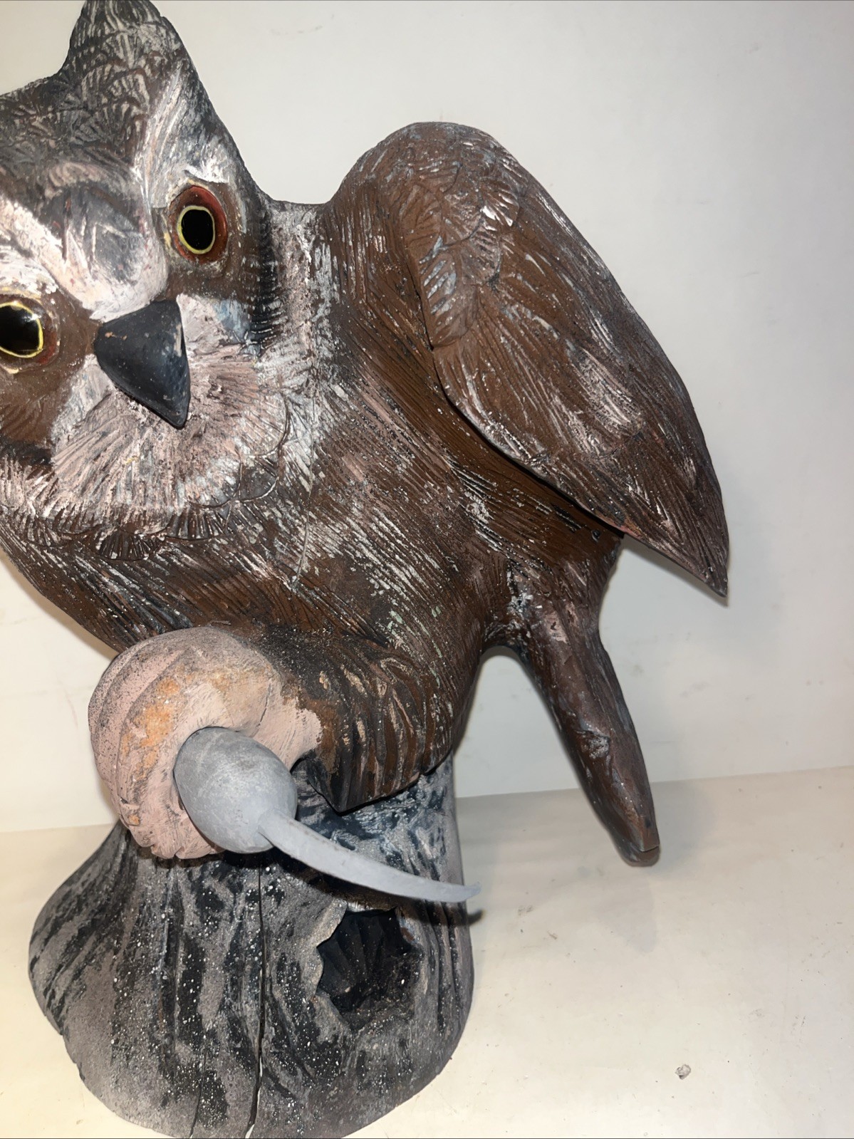 great horned owl decoy glass eye vintage holding mouse