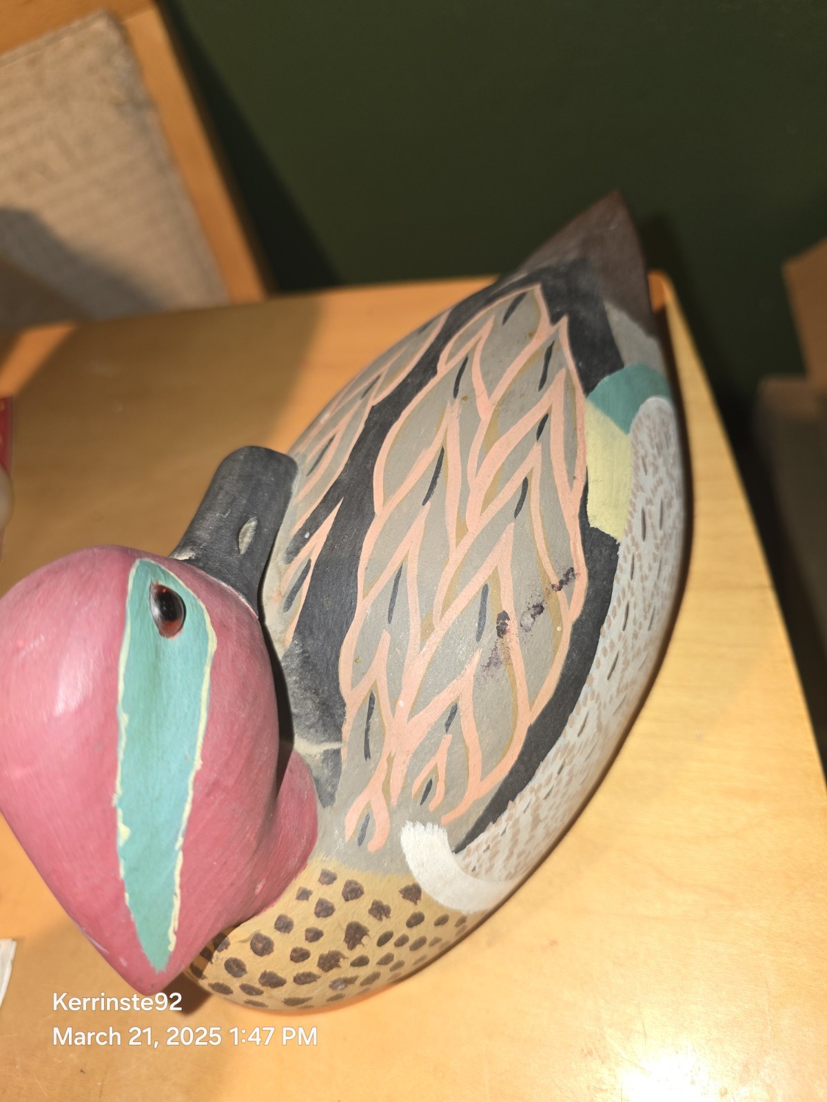 VTG 80s Hand Carved Solid Wood Decoy Duck Sleeper Green Winged Teal Drake Signed