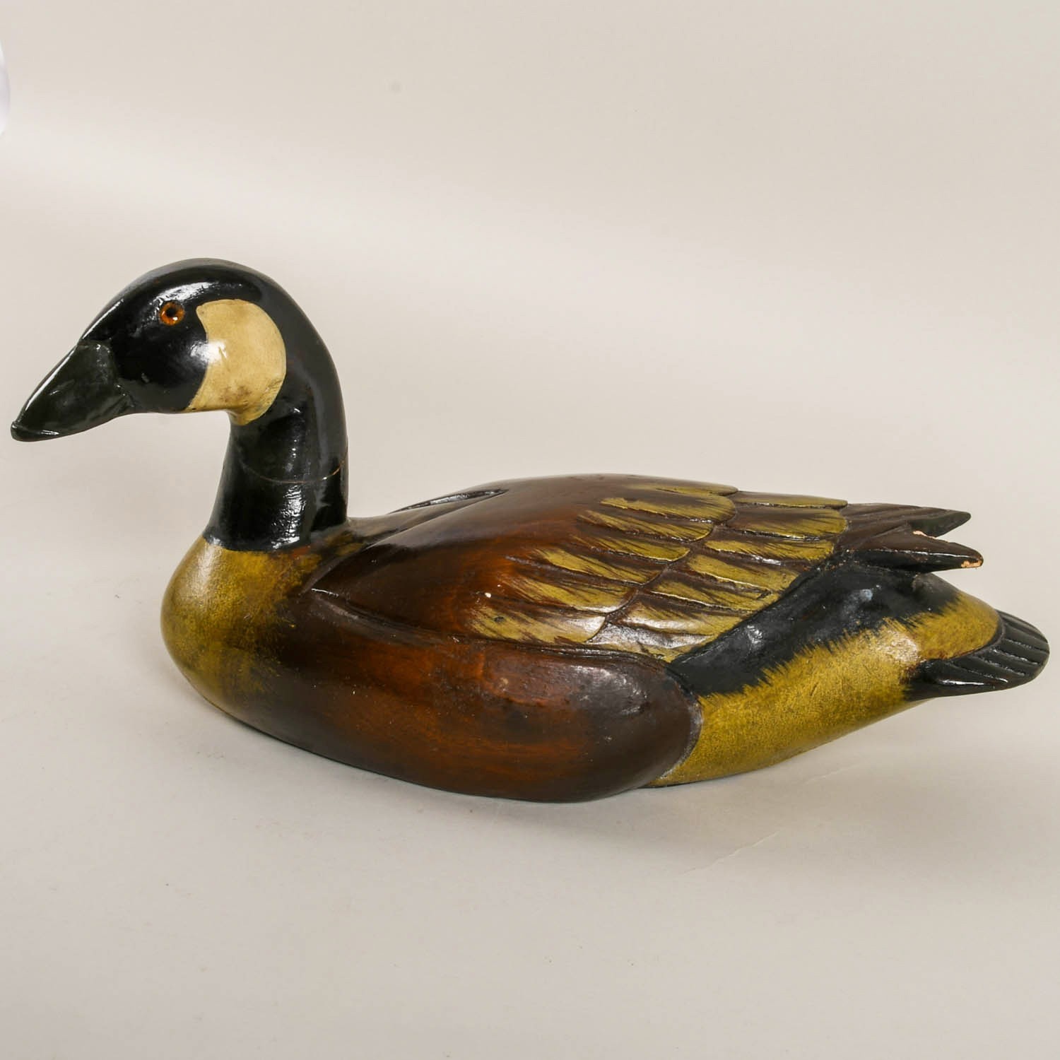 Carved Wooden Canadian Goose Decoy Hand Painted Glass Eyes 13.5″