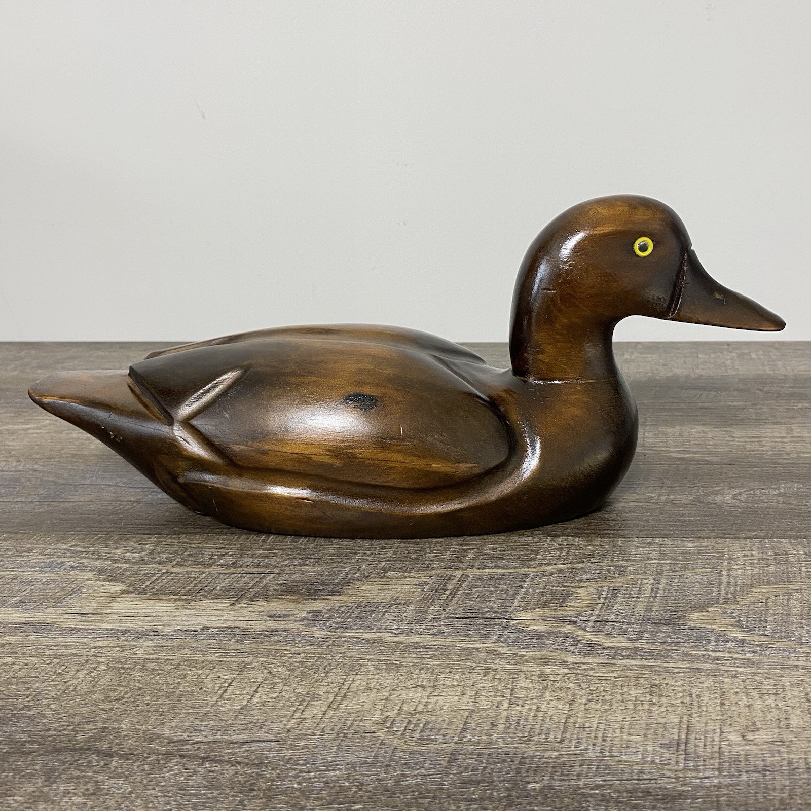 Vintage Pair of Hand Carved Wood Duck Decoys Brass Bill Folk Art Brown 15” & 12”