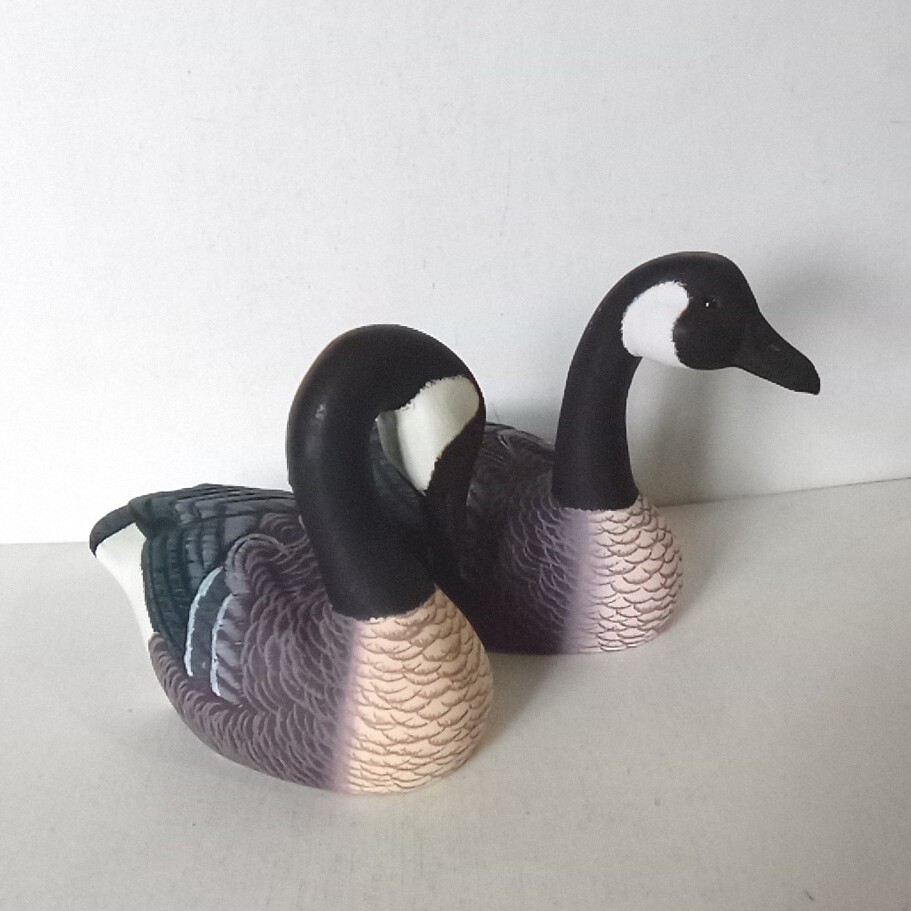 Two Vintage Solid Wood Duck Decoys Hand Carved & Hand Painted Glass Eyes 1963