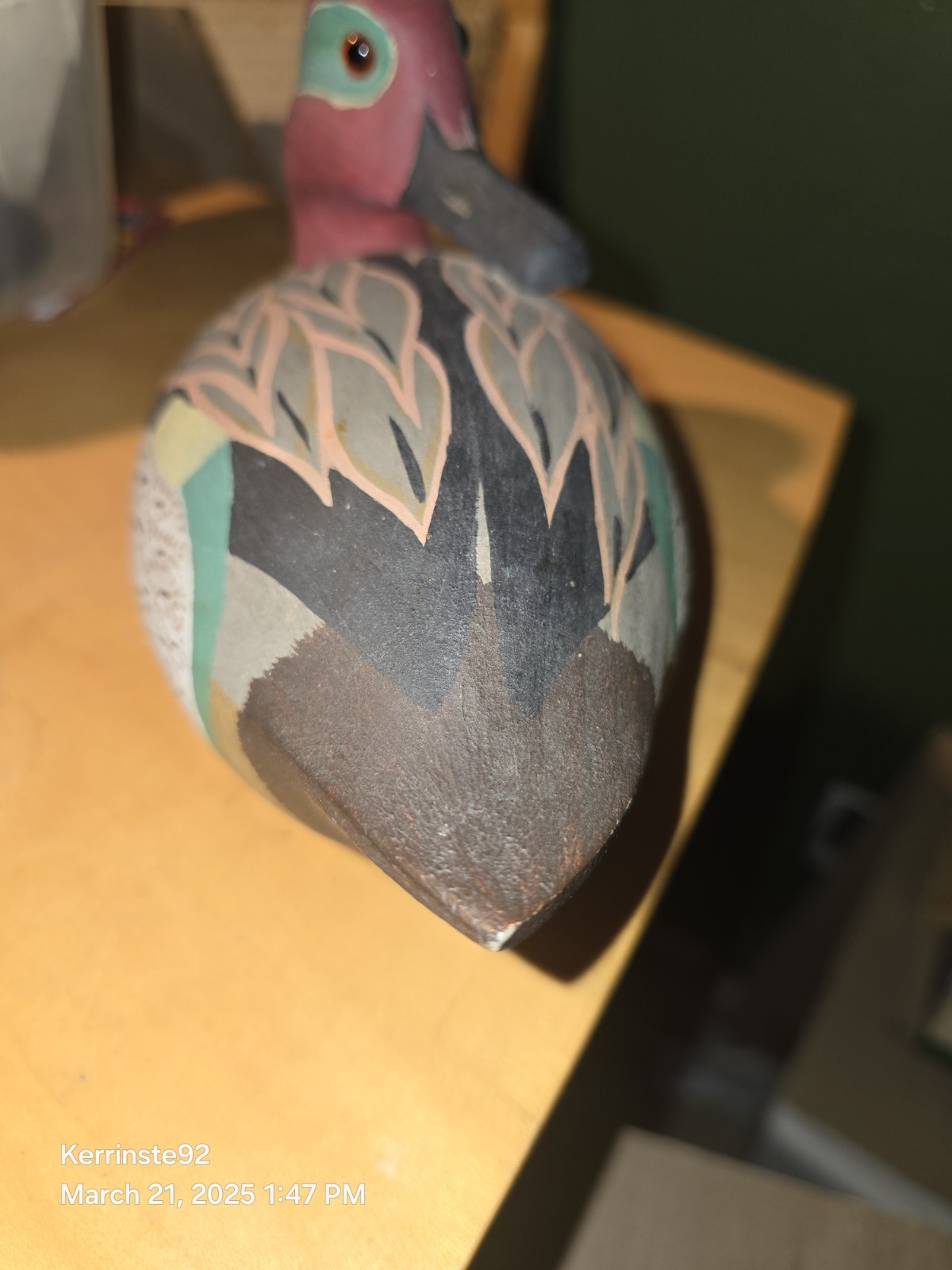 VTG 80s Hand Carved Solid Wood Decoy Duck Sleeper Green Winged Teal Drake Signed