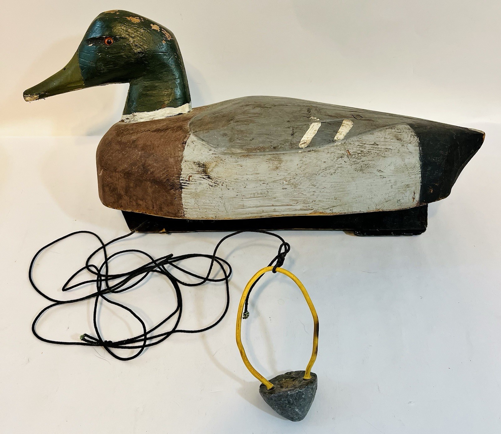 Vintage HUNTING DUCK DECOY Mallard White Green & Burgundy Head Weighted Unsigned