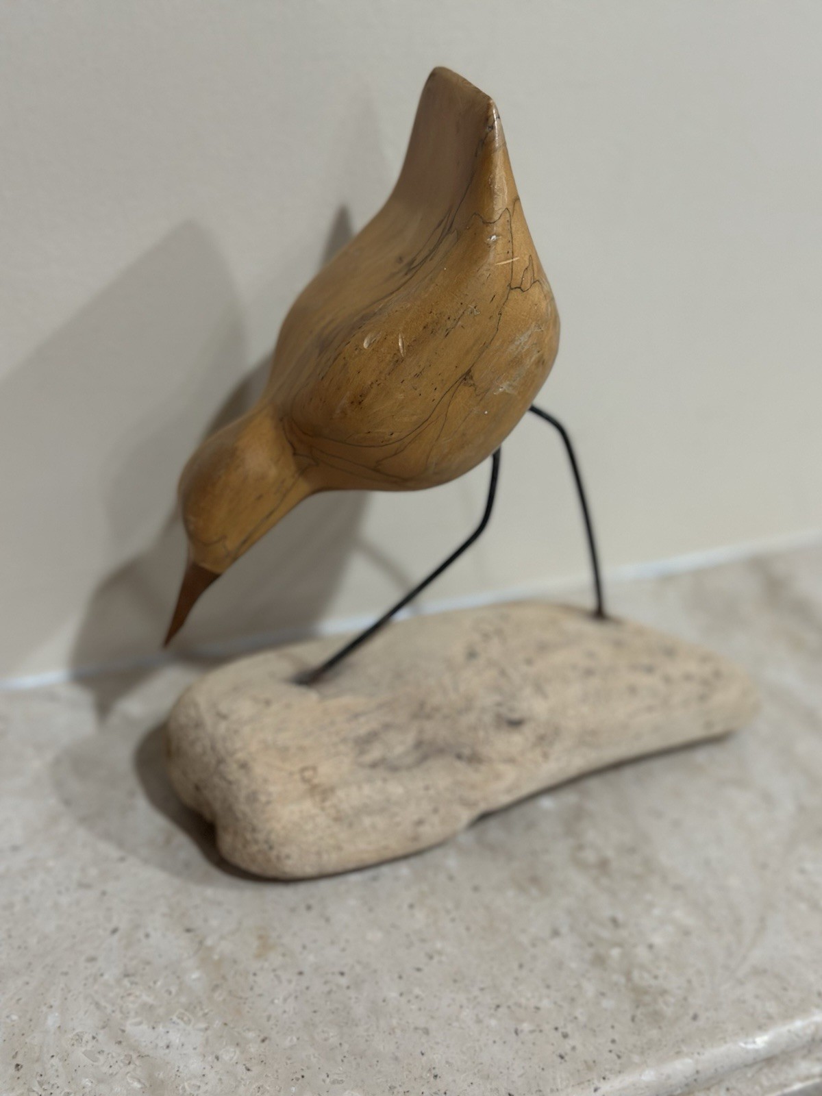 Shorebird Decoy On Driftwood Hand Carved Painted Vintage Antique Bird Statue