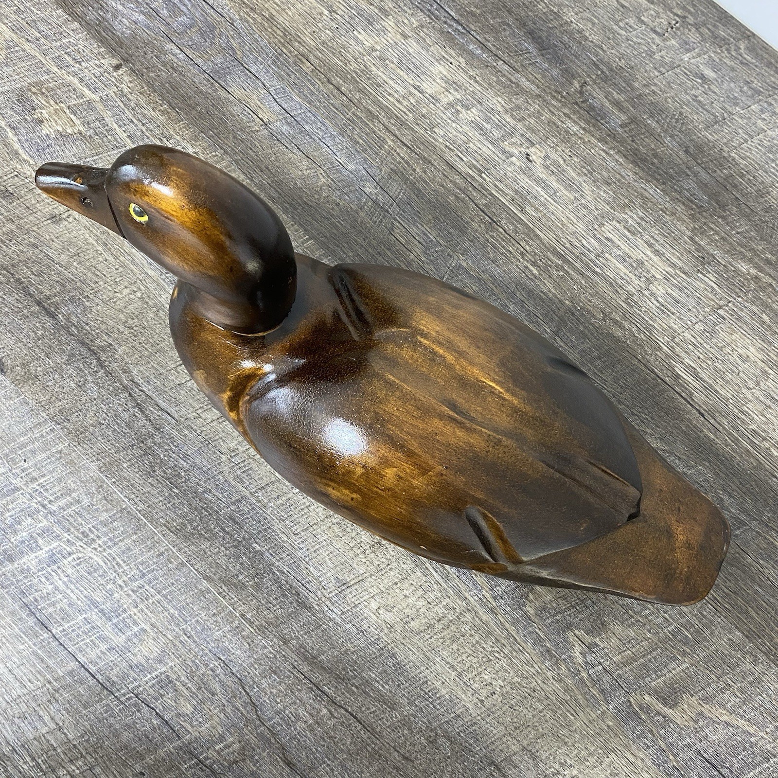 Vintage Pair of Hand Carved Wood Duck Decoys Brass Bill Folk Art Brown 15” & 12”