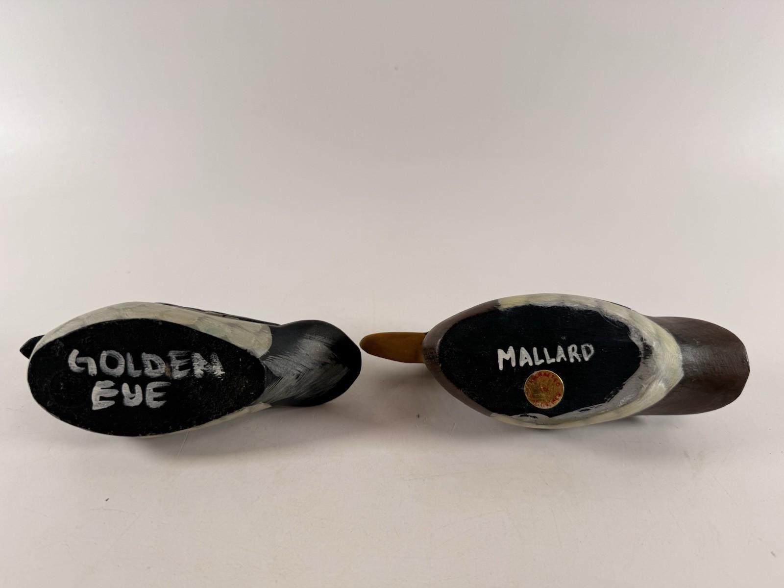 Pair of Hand Carved Wooden Duck Decoys Mallard & Goldeneye Signed Handmade