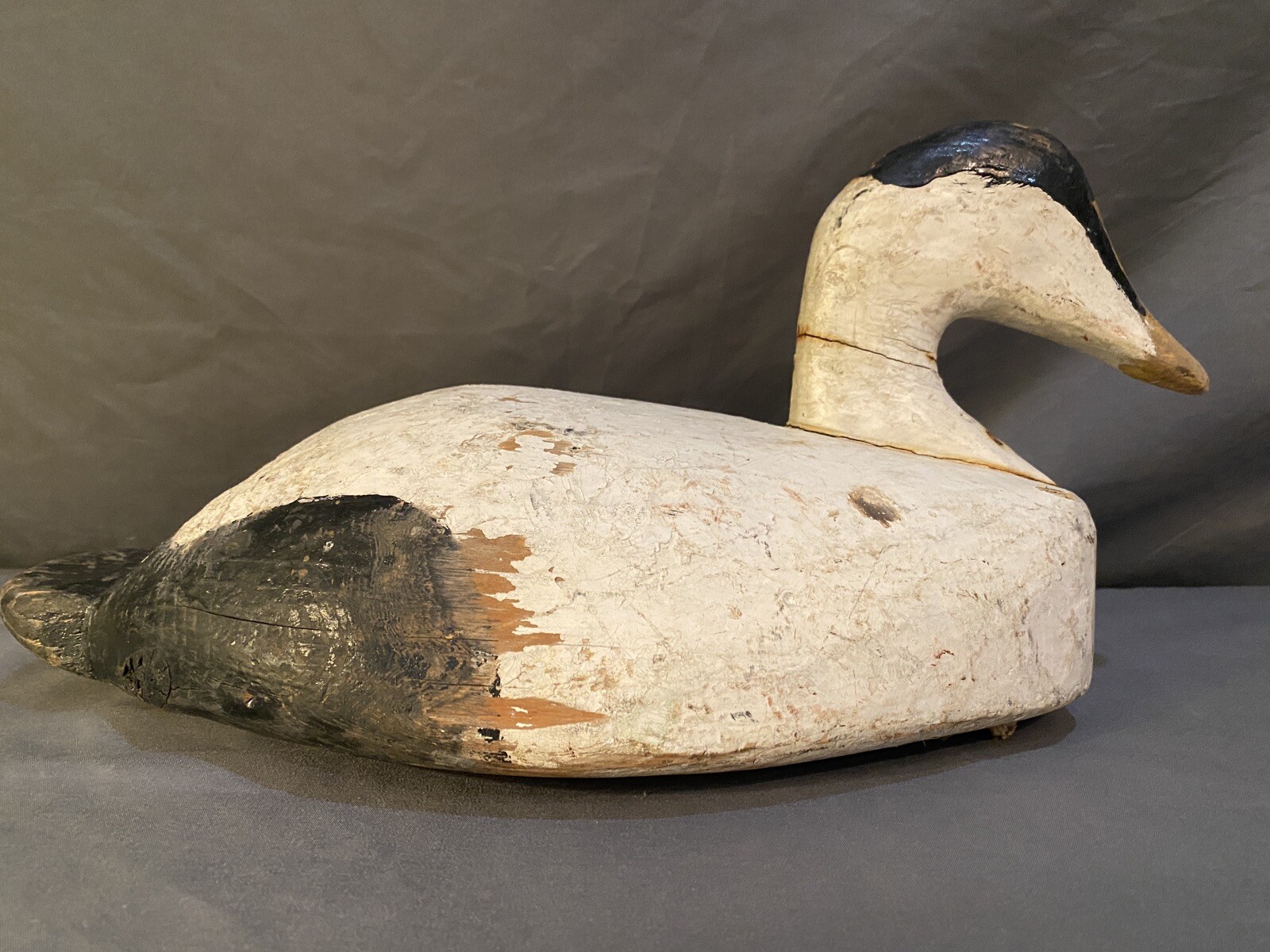 Carved Eider Duck Decoy, 2 Leather Tie Loops on Base, Original Paint, Unsigned