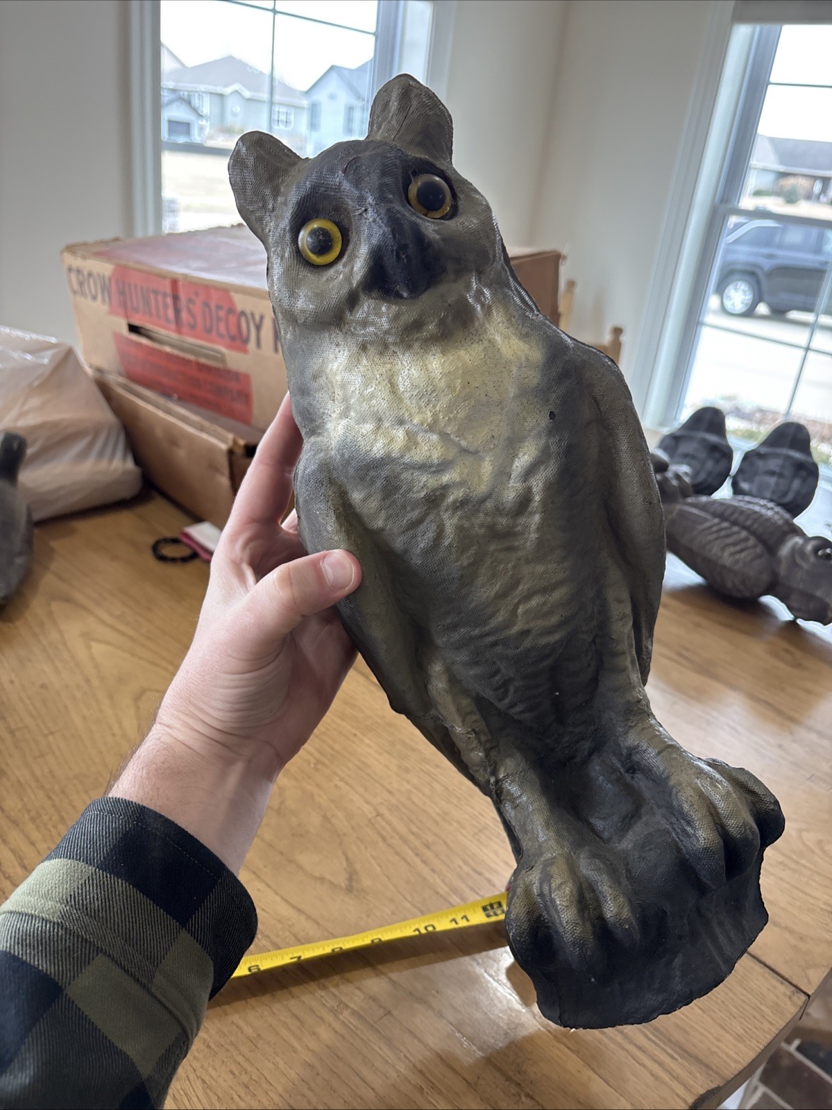 Vintage Halloween Decor 16″ Tall Paper Mache Owl Hunting Decoy Glass Eyes Sprayd