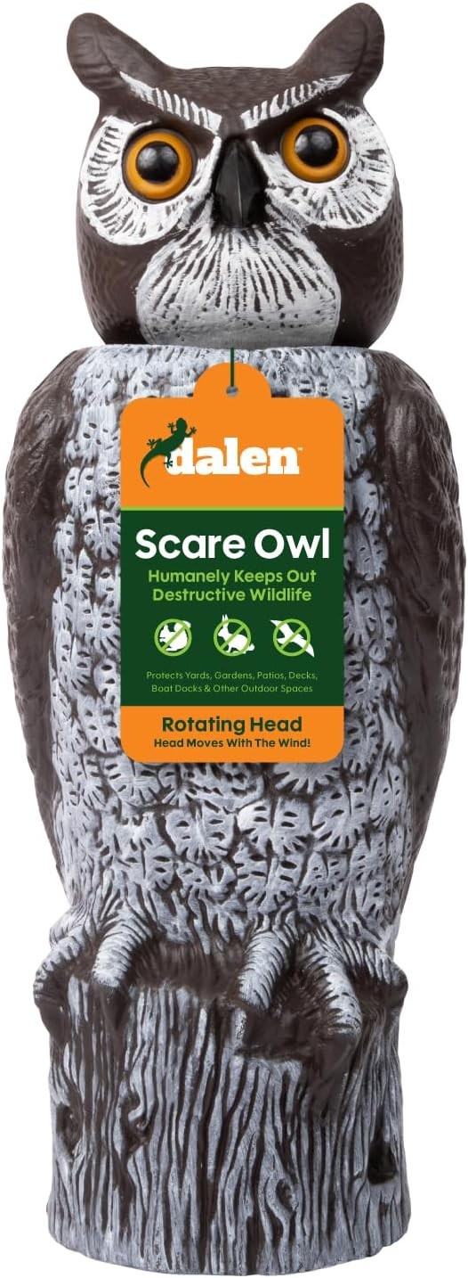 Large Rotating Head Fake Owl Decoy to Scare Birds Away 18” Tall Garden Scarecrow