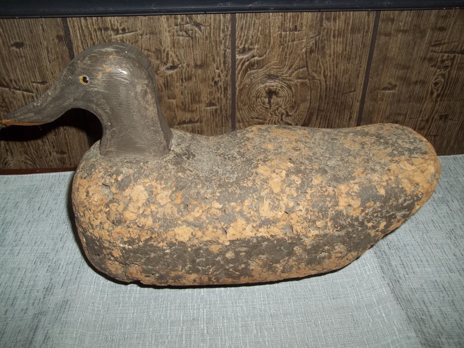 Vintage Hand Carved Cork Duck Decoy With Wooden Head & Glass Eyes