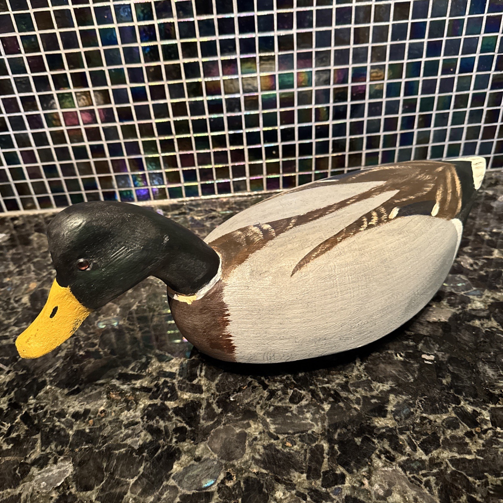 Vntg 18″ Duck Decoy Hand Signed Tom Humberstone Made in USA Gray White Black VG