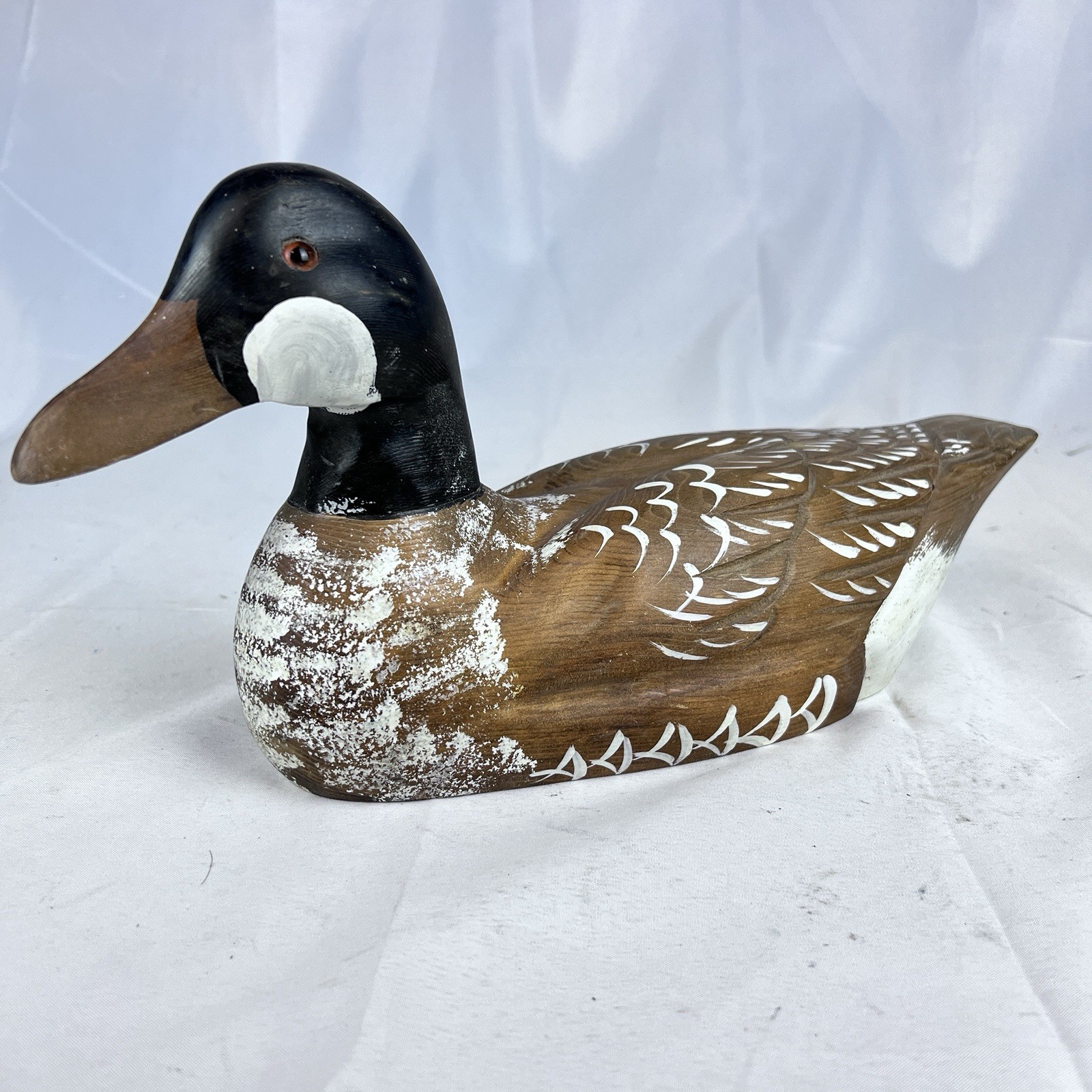 Vintage Hand Carved & Painted 14” Wooden Canadian Goose Decoy With Glass Eyes