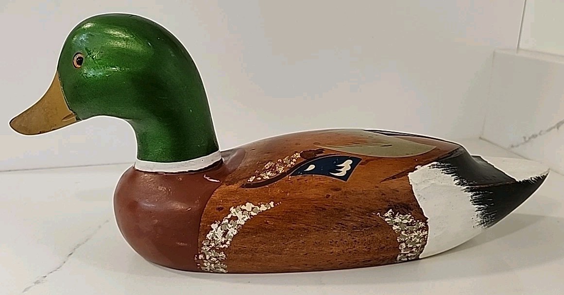 Emsom wood mallard duck drake glass eyes green head painted feathers SM27 15”