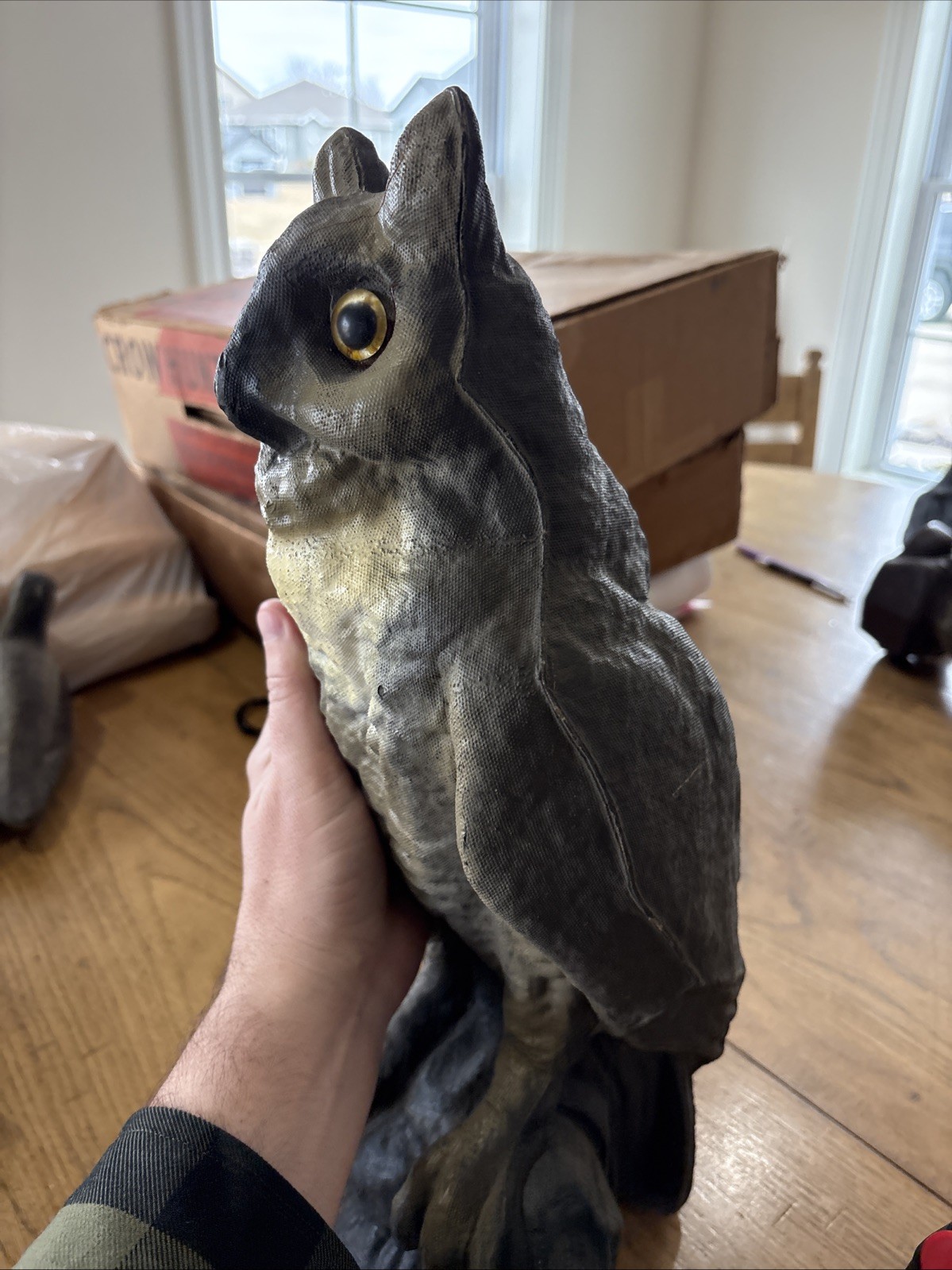 Vintage Halloween Decor 16″ Tall Paper Mache Owl Hunting Decoy Glass Eyes Sprayd