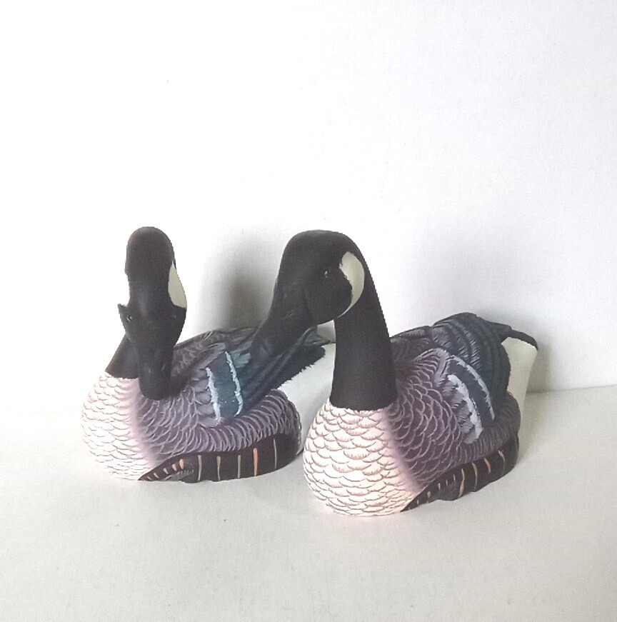 Two Vintage Solid Wood Duck Decoys Hand Carved & Hand Painted Glass Eyes 1963