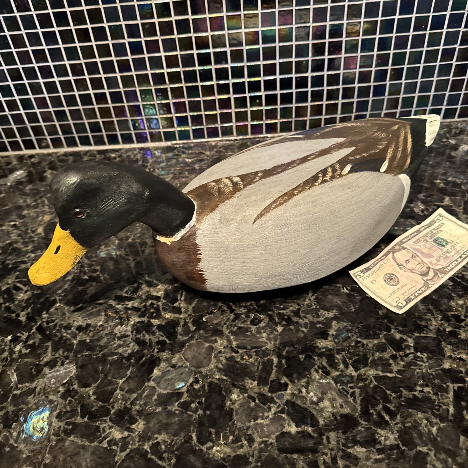 Vntg 18″ Duck Decoy Hand Signed Tom Humberstone Made in USA Gray White Black VG