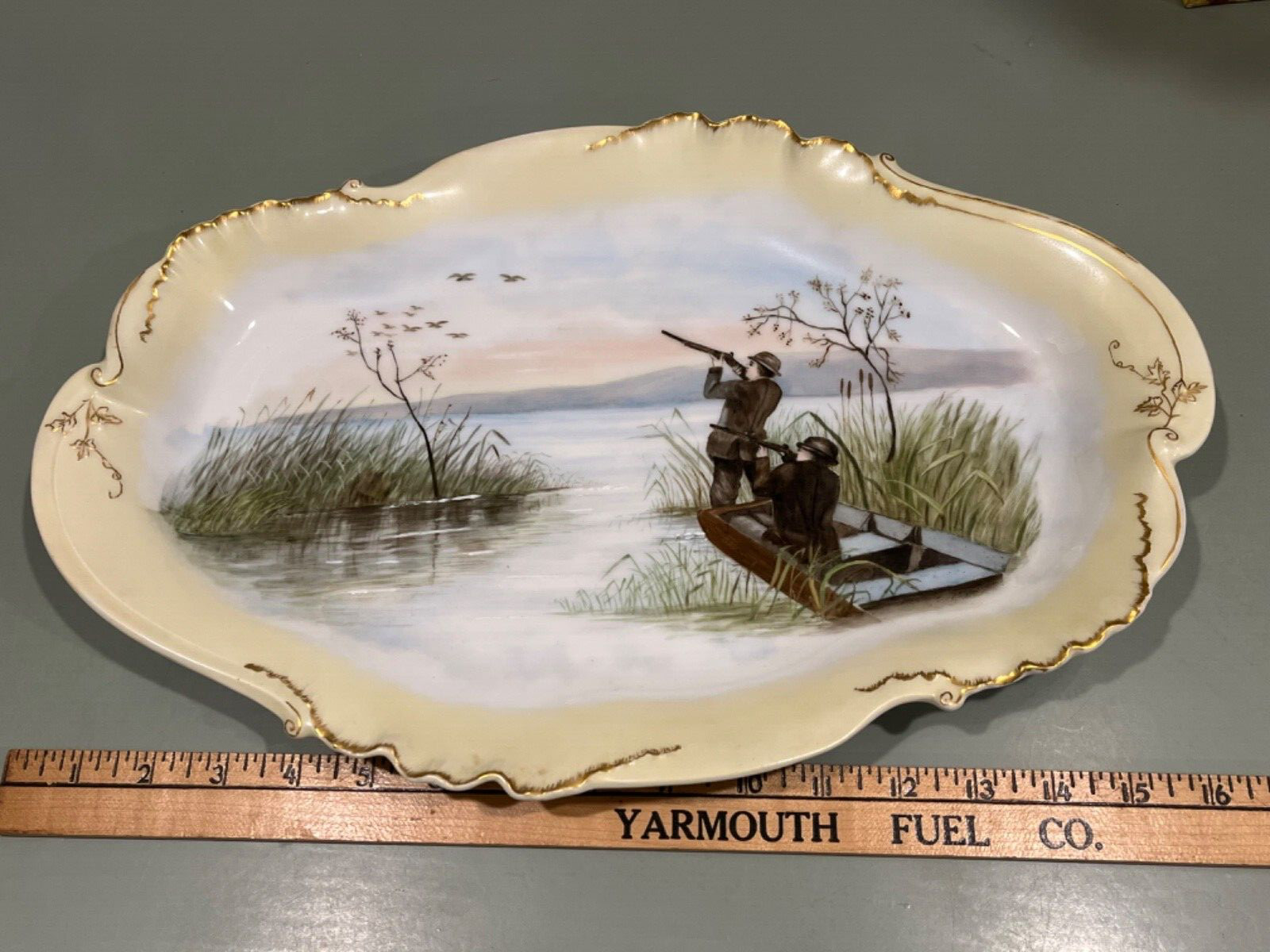 Exquisite 1892 Limoges Duck Hunting game platter guns folk art signed 16.5”
