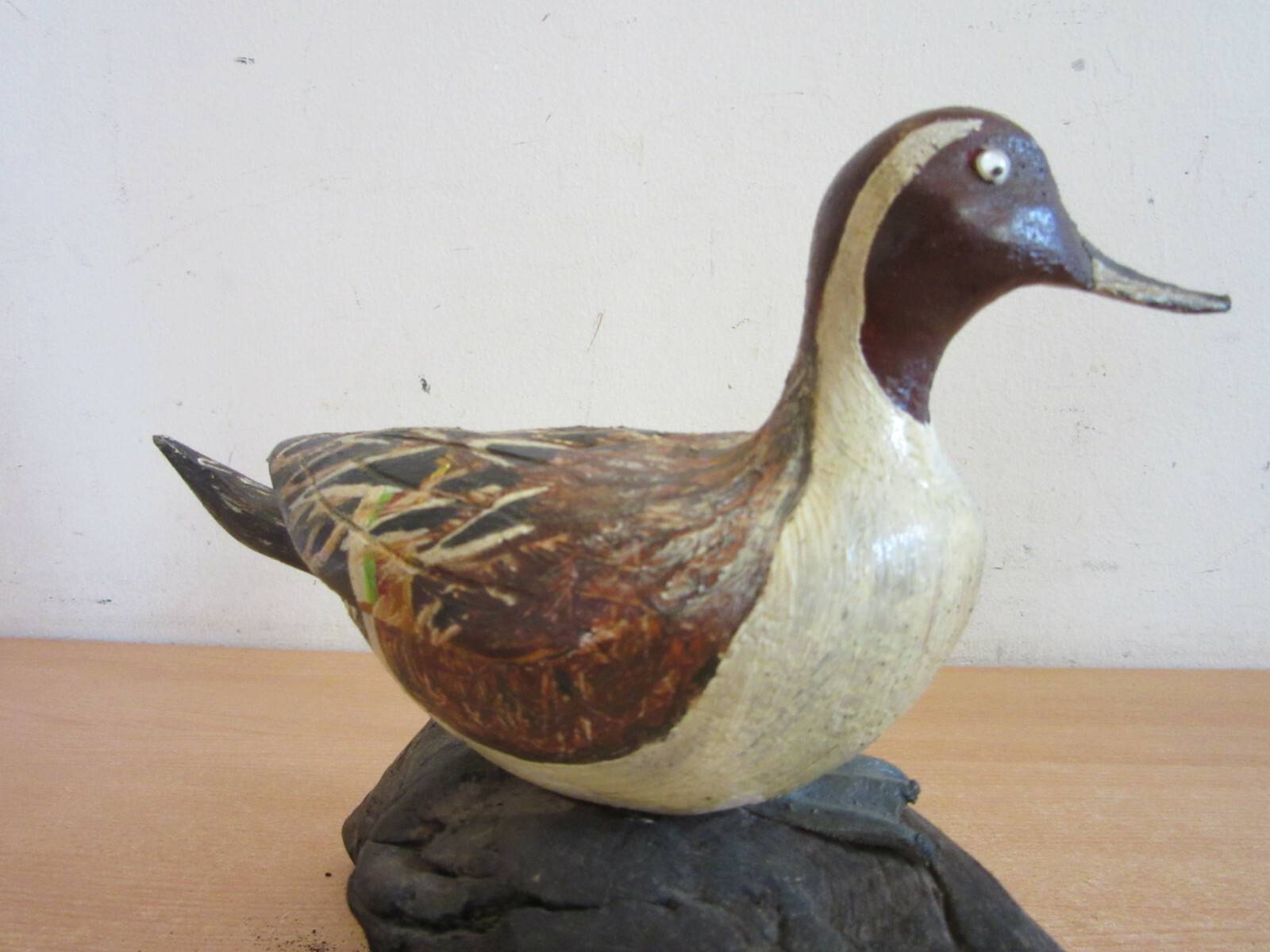 Vintage painted Duck Decoy hand made wood carving folk art on drift wood