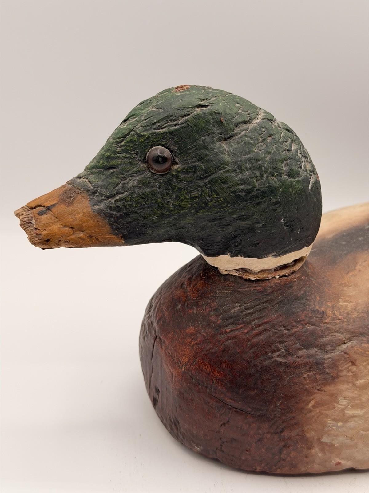 Vintage Victor Drake Mallard Wooden Duck Decoy Hand-Painted Glass Eyes Rustic