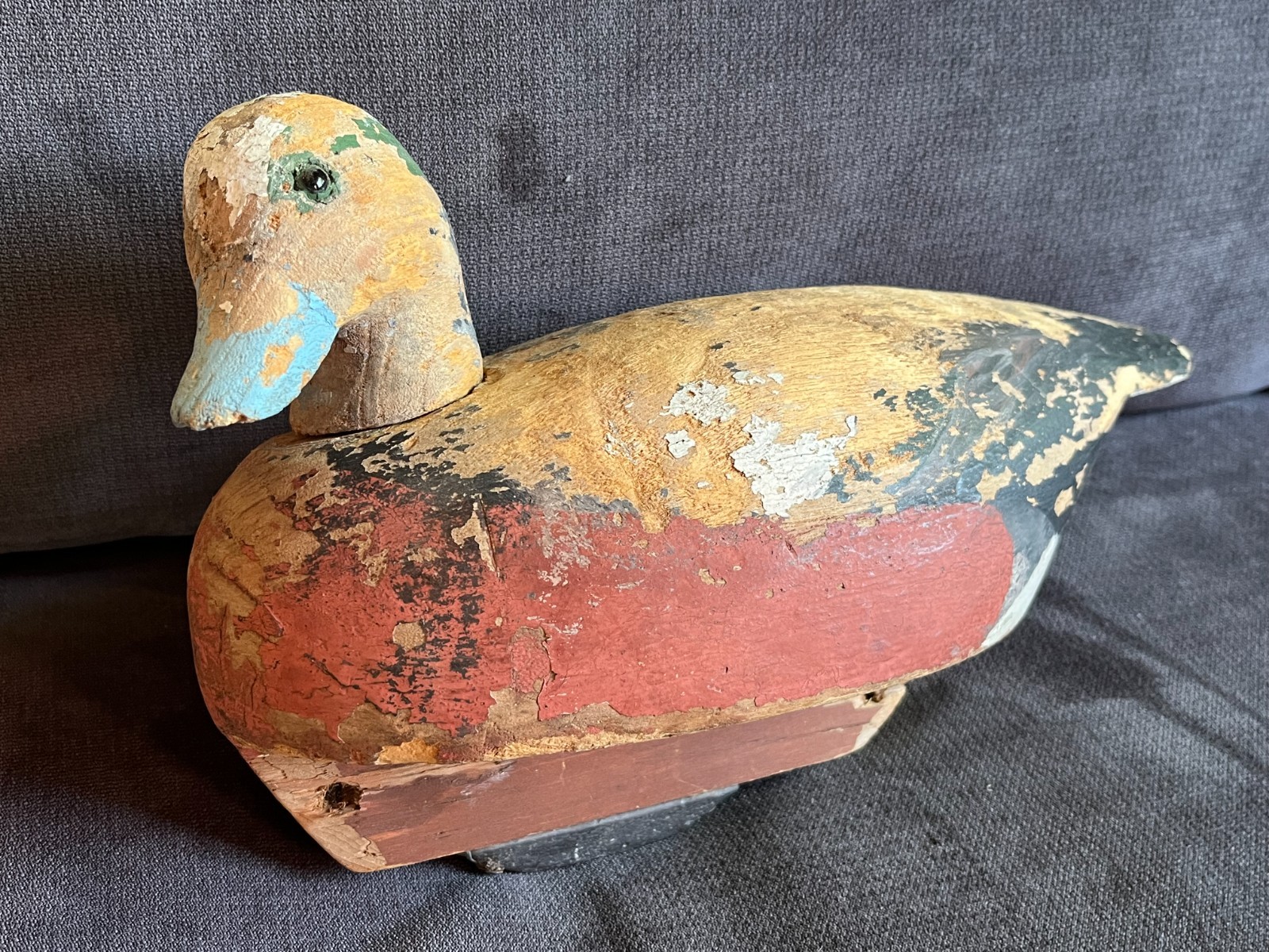 Vintage HAND CARVED WOODEN DUCK DECOY Primitive Folk Art 12″ Long, Lead Weight