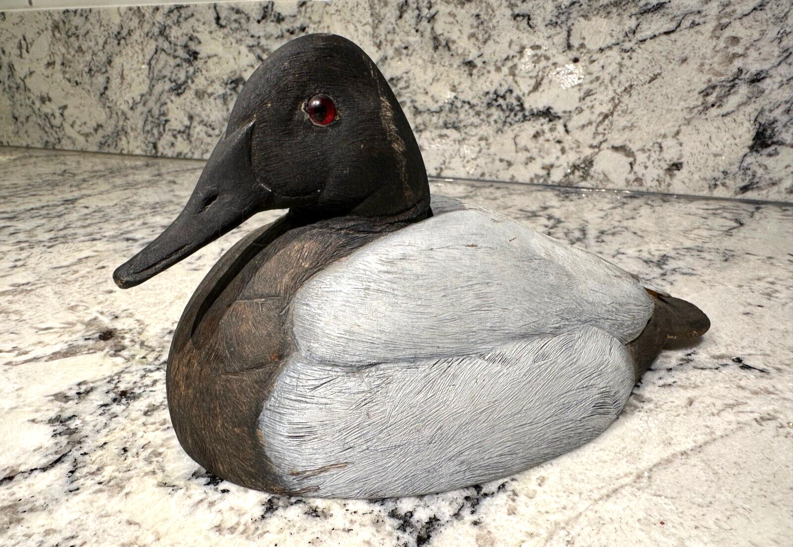 CANVASBACK Vintage Wood Handpainted Duck Decoy Grey Black Red Eyes ~9″