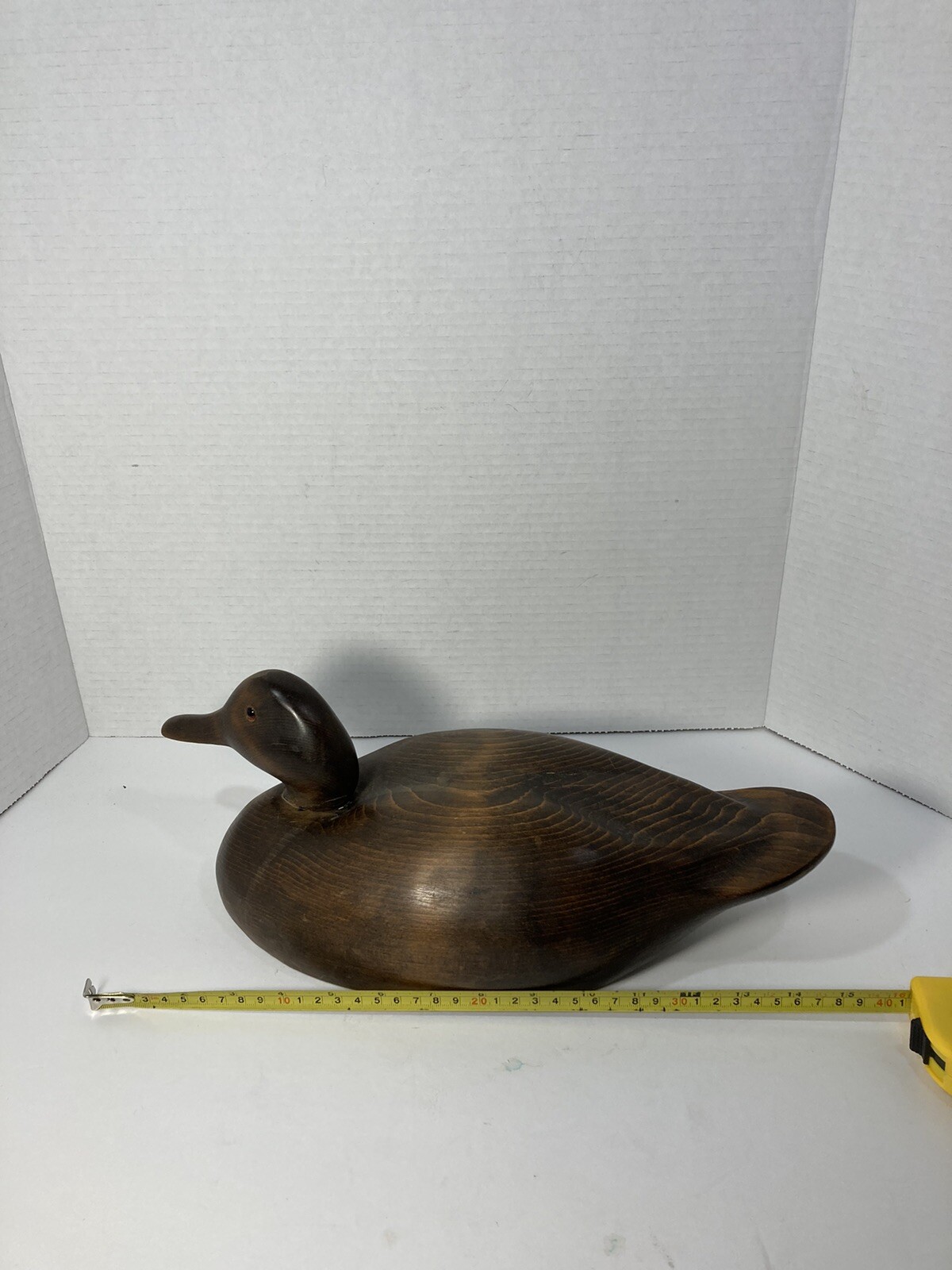 Vintage Hand Carved Solid Wood Duck Decoy-15” x 7”-Natural Dark Stain-Glass Eyes