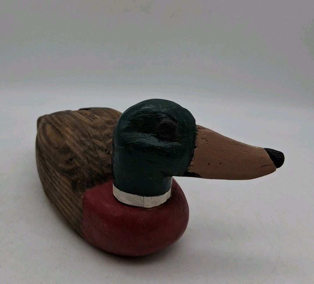 Folk Art Wooden Mallard Duck Decoy Hand Painted Carved Original Bird Vintage 8”