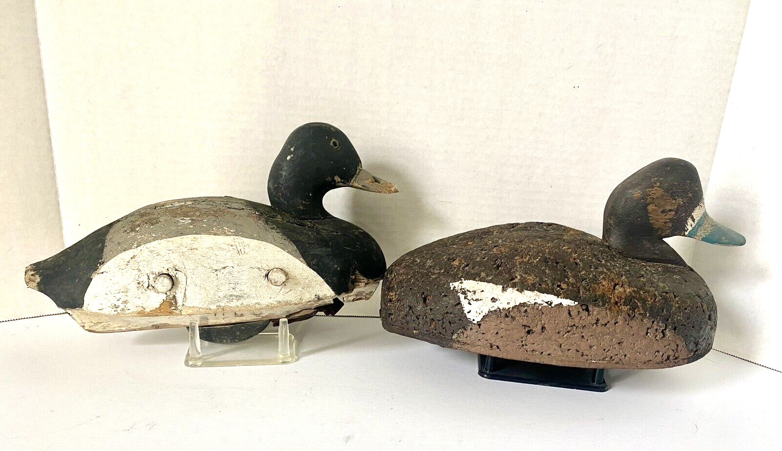 Vintage Scaup Duck Decoy Pair, Keel & Weight on Base, 1 Wood Body & 1 Cork Body