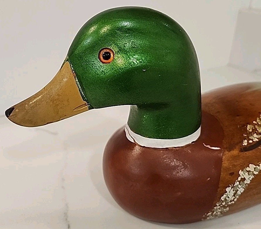 Emsom wood mallard duck drake glass eyes green head painted feathers SM27 15”