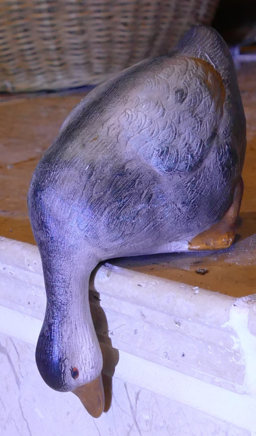 Vintage Duck Decoy Sculpture Figurine Unique hanging edge rim fireplace mantle