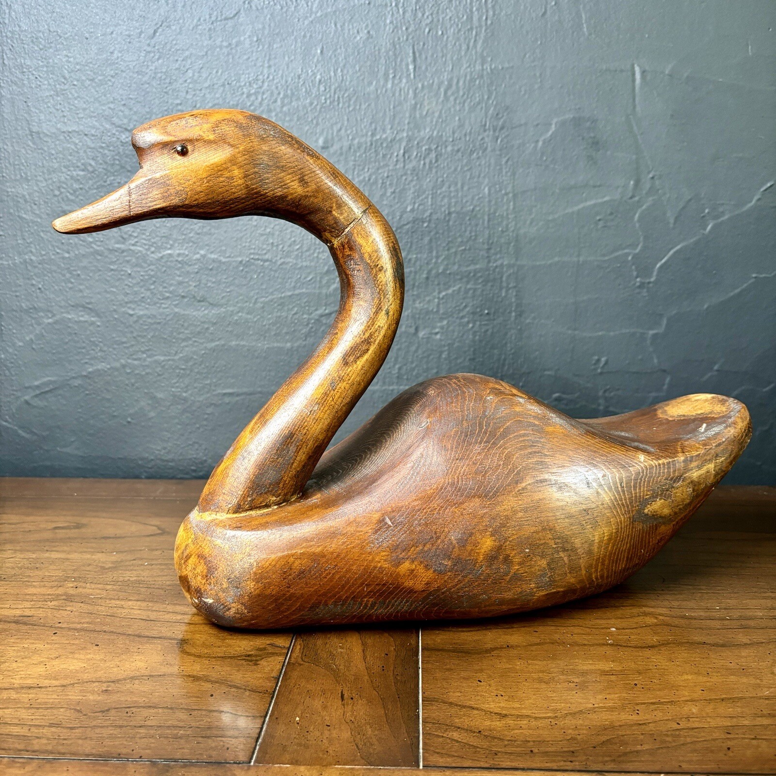 Antique Black Swan Goose Duck Hand-Carved Primitive Decoy Glass Eyes Folk Art