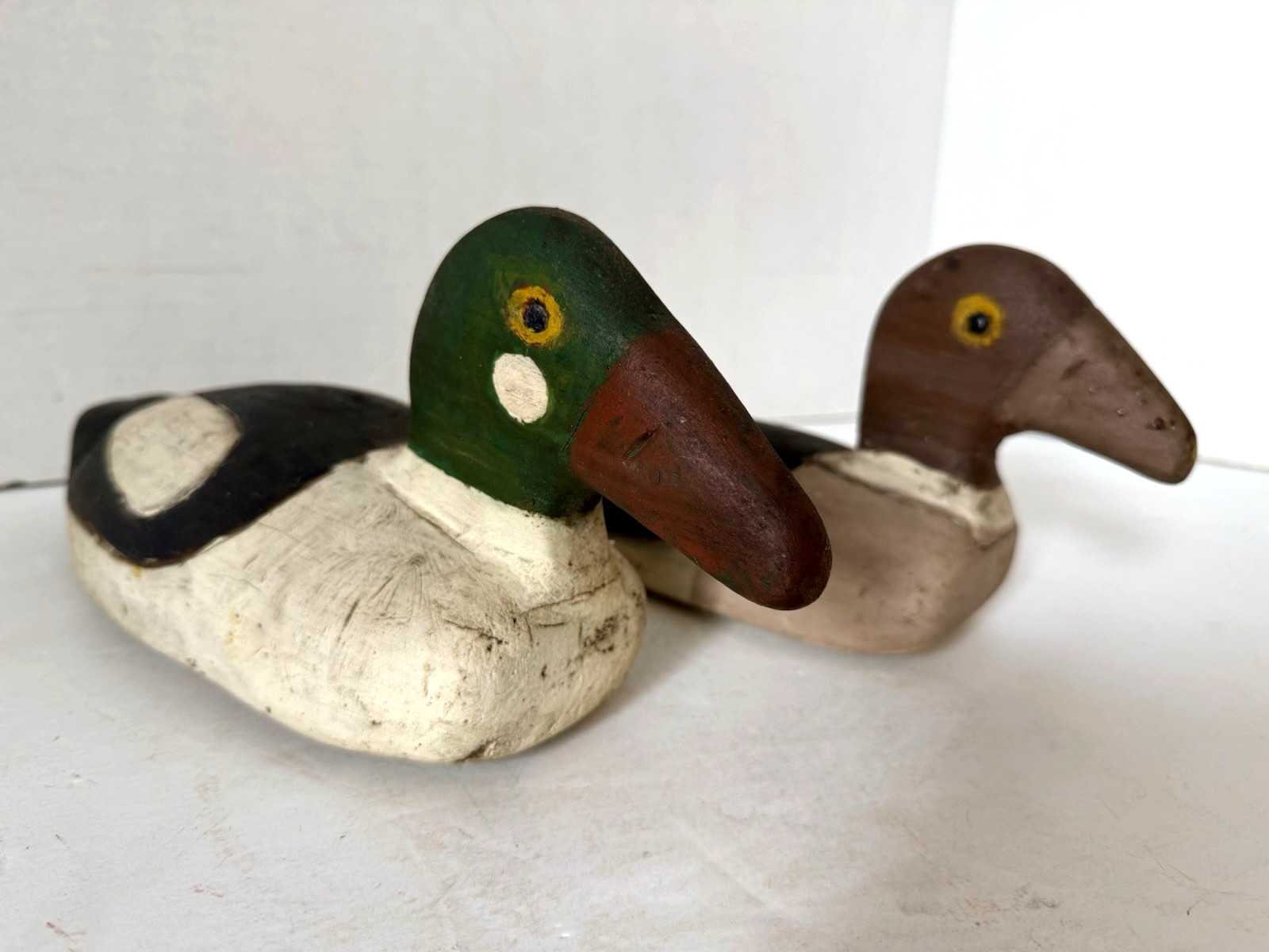 Vintage Primitive Style Goldeneye Duck Decoy Pair, Tack Eyes, Inletted Head