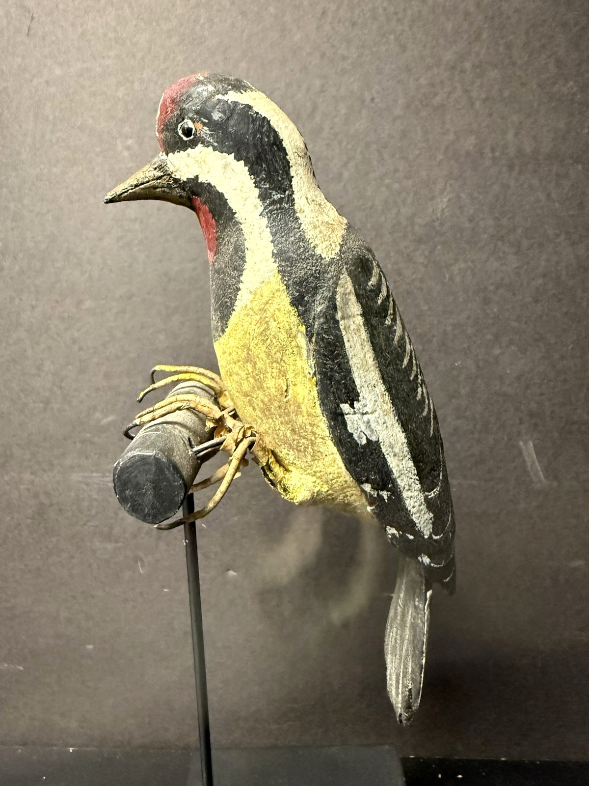 Yellow-bellied Sapsucker Carved Decoy on Display Perch/Stand, Antique, Unsigned