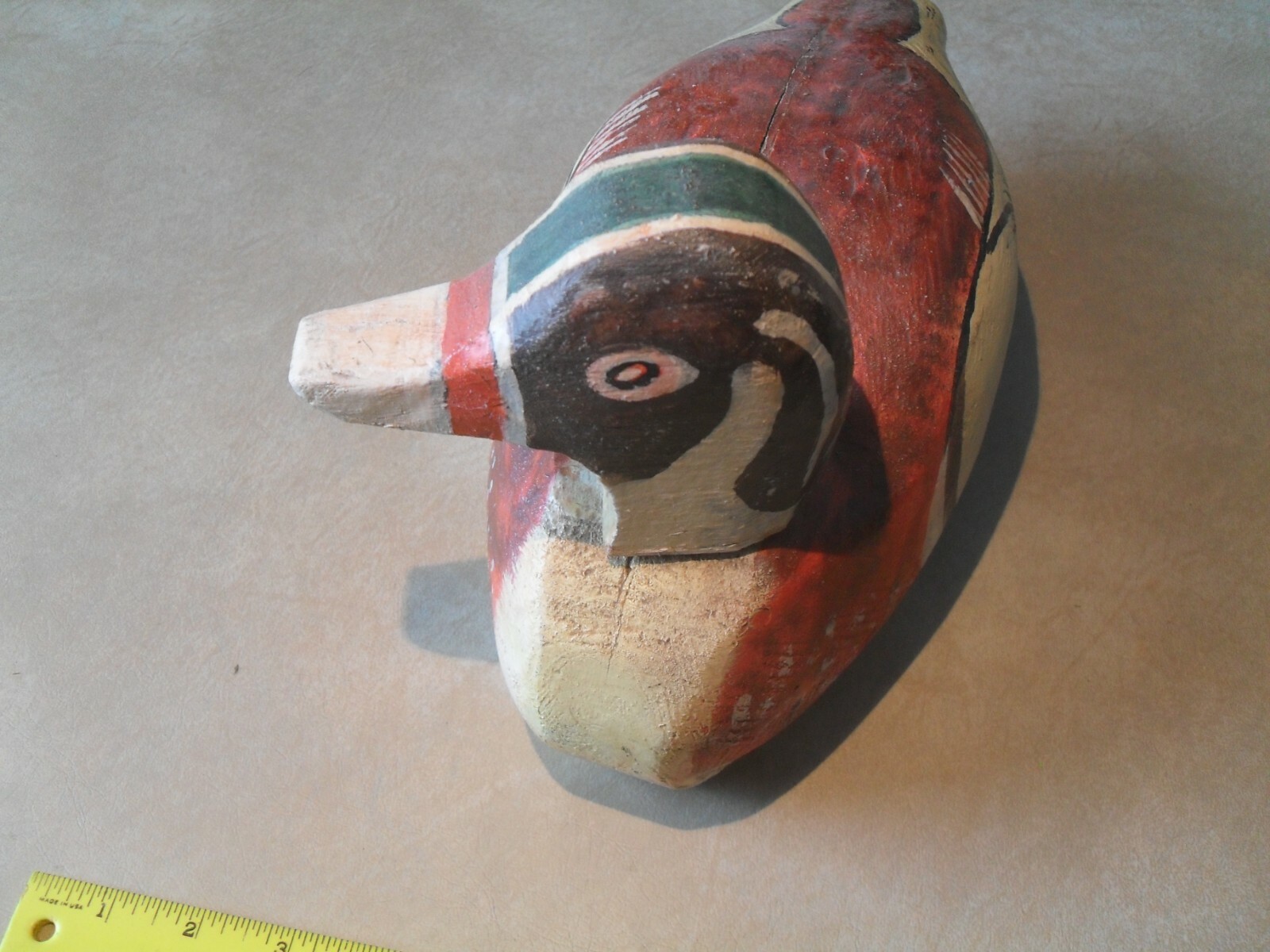 Primitive folk art hand made painted carved wood duck decoy